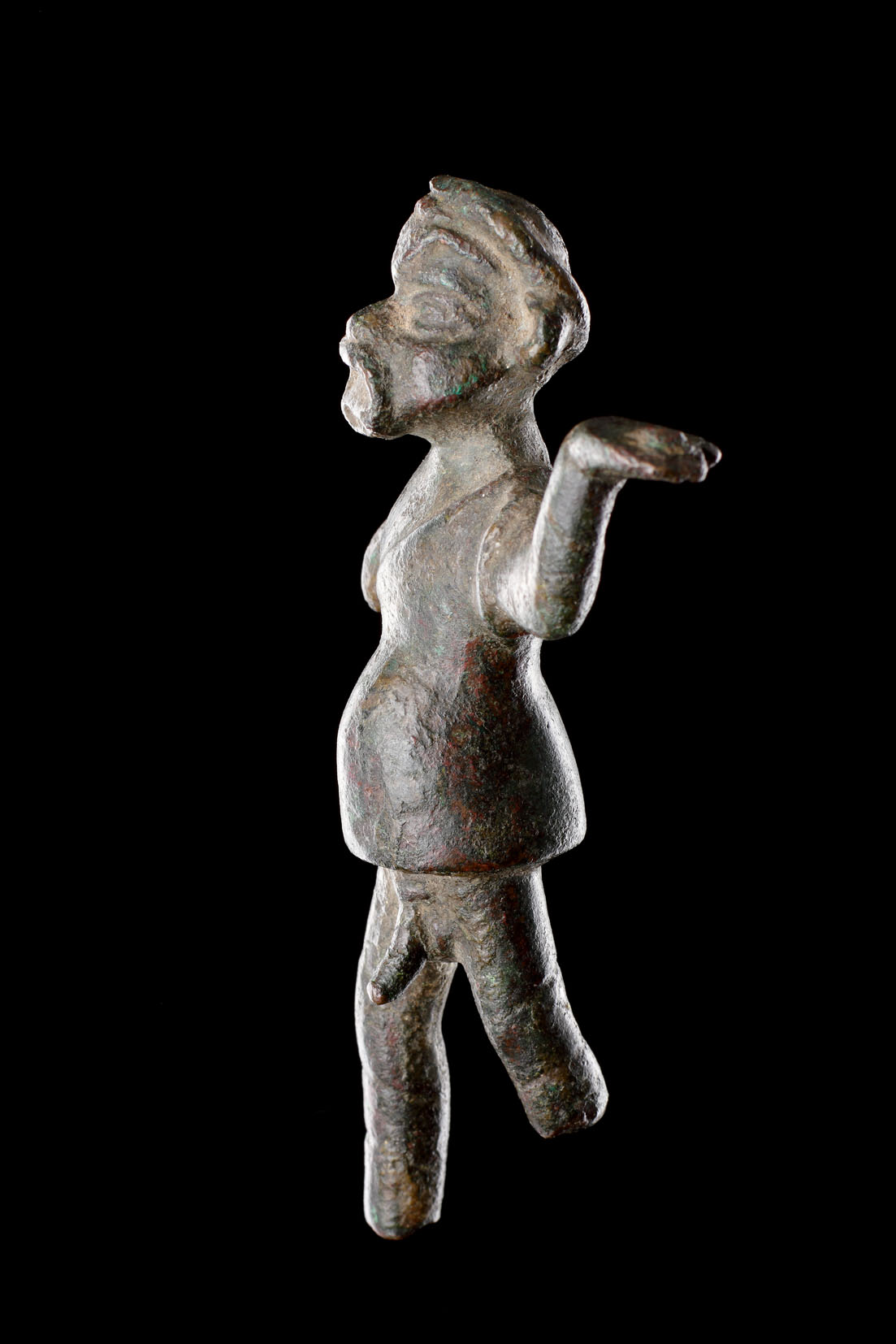 A Rare and Finely Detailed Greek Bronze Statuette of an Actor with Large 